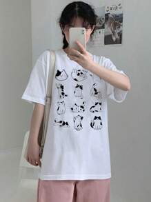 DAZY 猫咪印花宽松圆领白色短袖T恤女可爱上衣、教师装 - 白色 - 查看 8
