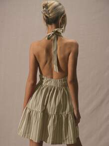 MUSERA Halterneck Fitted Bodice Two Tier Striped Mini Dress Spring Summer Cute Vacation - Brown - View 4