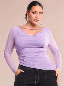 SHEIN BAE Women Plus Size Elegant Sexy Fashion Lavender Color Off Shoulder Hollow Ruched Fitted T-Shirt For Summer Outing