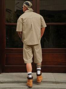 DAZY 男士纯色休闲衬衫套装 - 短袖衬衫和短裤，春夏季舒适服装 - 卡其色 - 查看 2