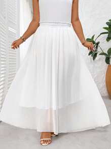 SHEIN Clasi Elegant Commute & Vacation Style Minimalist Casual Women's Fashion Versatile Comfortable Chiffon Fabric High Waist Long Design White Plus Size Skirt, Spring/Summer/Autumn Fall Cloth For Women