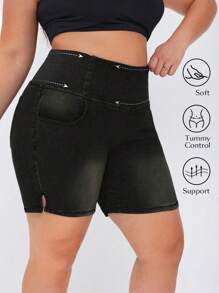 Flexra 大码女式休闲弹力针织牛仔短裤，深水洗蓝色，带口袋 - 黑色 - 查看 1