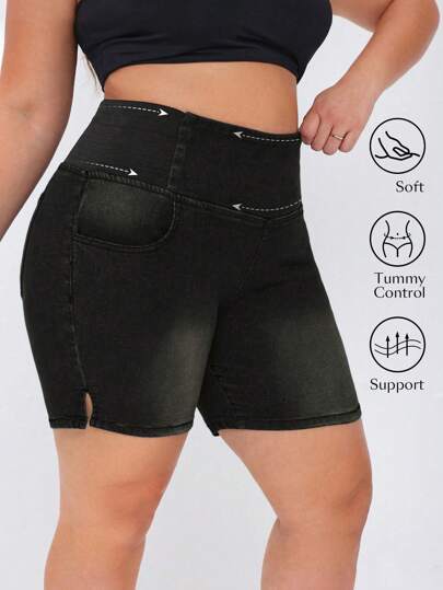 Flexra Plus Size Women's Casual Stretchy Knit Denim Shorts, Dark Wash Blue, With Pockets