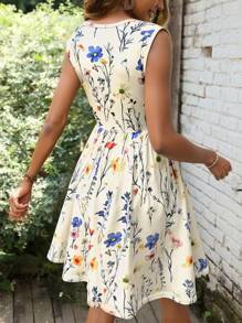 Breezaya 女式时尚休闲度假花卉印花褶皱十字设计无袖圆领连衣裙 - 杏色 - 查看 2