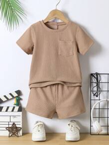 SHEIN 2 Stücke/Set Kleine Jungen Einfarbig Rundkragen Kurzarm T-Shirt und Shorts Set