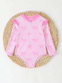 SHEIN Baby Girl Striped & Bow Print Zipper Long Sleeve Rash Guard Swimsuit - Pink - View 6