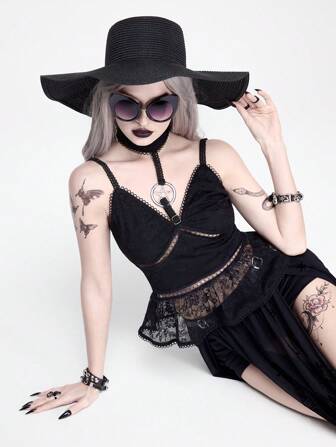 Goth Strandvintage Damen Camisole mit Fünf-Zacken-Stern Spitzen-Patchwork