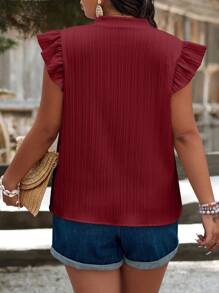 SHEIN Clasi Plus Size Cut-Out Collar Ribbon & Ruffle Hem Casual Summer Blouse - Burgundy - View 2