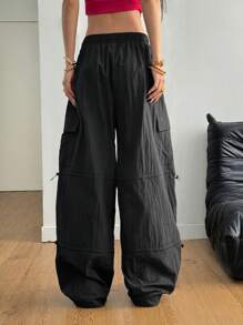 Coolane Women's & Men's Summer Streetwear Sport Cargo Game Day Going Out Casual Drawstring Elastic Waistband Baggy Parachute Low Rise Banana Pants - Black - View 2