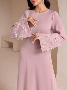 Veilorie Women's Elegant Beaded Bow Decorated Arabian Style Dress, Modest - Pink - View 4