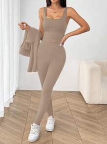 SHEIN EZwear 卡其色针织女式运动套装，春夏 - 卡其色 - 查看 8