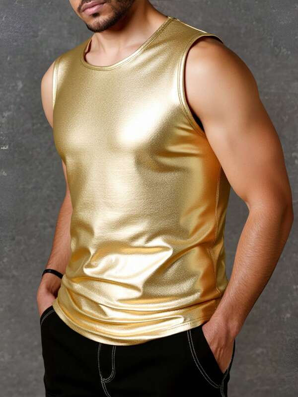 Manfinity AFTRDRK Men's Solid Color Metallic Finish Crew Neck Sleeveless Tank Top