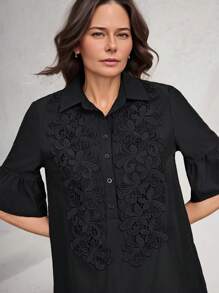 Miaspire Women's Summer Solid Color Front Button Elegant & Fashionable Short Sleeve Mini Dress - Black - View 1