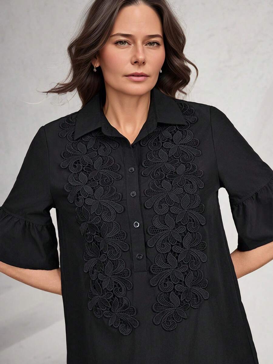 Miaspire Women's Summer Solid Color Front Button Elegant & Fashionable Short Sleeve Mini Dress - Black - View 1