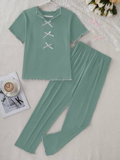 SHEIN 休闲绿色短袖小领简约蝴蝶结装饰荷叶边柔软透气牛奶丝女童夏季春装