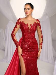 Glamrae Elegant Luxurious Embroidered Applique Lace Sequined Satin Ruched Mermaid Tail Split Hem Long Dress With Train,Suitable For Weddings,Formal Parties - Red - View 7