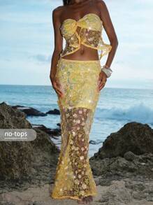 Opulessa Women's Solid Color Beaded Mesh Patchwork Fishtail Hem Skirt