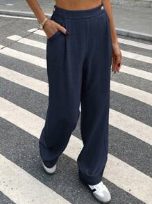 Serisse Pantaloni de damă, de culoare solidă, cu buzunare pliate, drepte, largi - Albastru marin - Vizualizare 3