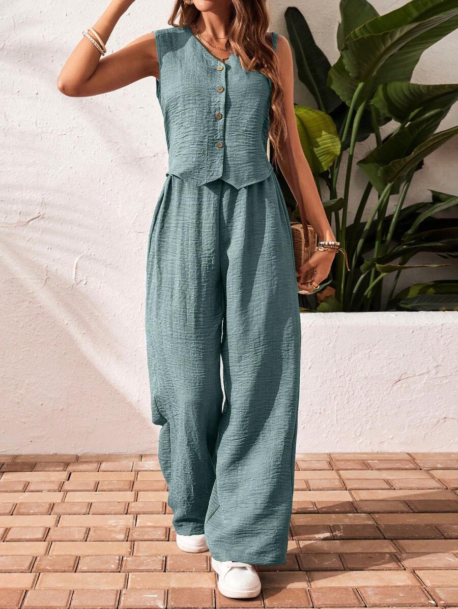 SHEIN Frenchy 2pcs/Set Women Solid Color Sleeveless Button Front Top And Long Pants Summer Casual