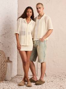 Manfinity VCAY Sheer Sensitive Collared Lace-Trim Loose Fit Short Sleeve Men's Shirt - White - View 5