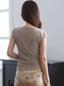 DAZY maglietta elegante da donna per vacanza, collo a barca, in chiffon e pizzo, slim fit