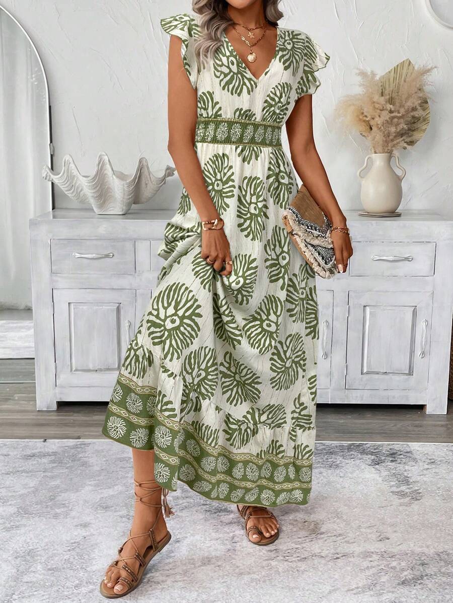 SHEIN LUNE Vestido con mangas cortas de estilo plisado y volantes, cintura ceñida y dobladillo con volantes en línea A, estilo casual y de resort para mujer - Verde - Ver 1