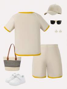 SHEIN Girls Casual Simple Round Neck Short Sleeve Shorts Set For Home & Outdoor, Summer New Arrival - Apricot - View 2