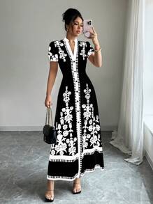 Elenzga 万圣节服装黑色印花修身女式连衣裙 - 黑與白 - 查看 3