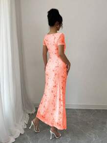 Elenzga 女士精致优雅性感情人节粉红玫瑰印花网眼方领蝴蝶结裹身褶饰紧身连衣裙，春夏