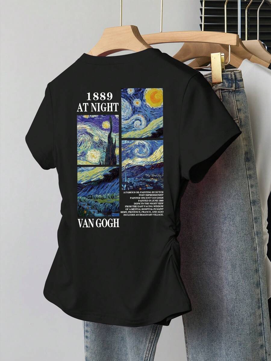 INAWLY Women's Slogan & Oil Painting Print Crew Neck Short Sleeve Pleated Casual T-Shirt - Black - View 1