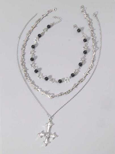 Hippie 3pcs/Set Gothic Dark Thorn, Black Faux Pearl, Cross, Star Charm Multilayer Necklaces For Women, Holiday Gift & Daily Matching, Halloween