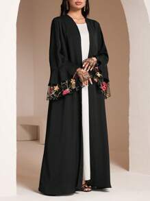 Al Najma 女士纯色长袖阿拉伯长袍，时尚设计，适合夏季，朴素长袍 - 黑色 - 查看 6