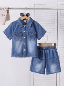 Young Boys Denim Two Pieces Outfits Young Boys Suit Set Young Boys 2 Pieces Young Boys Sets Boys Denim 2 Pieces Outfits Girl Clothes Sets Young Girls Sets - Blue - View 5