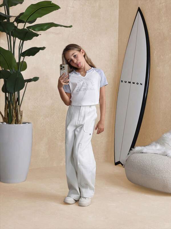 SUMWON Raglan Crop T-Shirt "Santa Monica California" für Teenager Mädchen, Sommer Strand Lässig Athletic Design, Varsity Sportswear