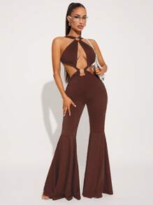 SHEIN SXY 纯黑色性感金属环包裹镂空露背紧身美人鱼长裤，适合休闲穿着、夜间外出、约会、派对、俱乐部、音乐节