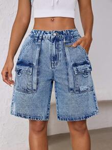 SHEIN ICON Denim Shorts With Pockets, Fashionable For Summer - Light Wash - View 1