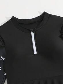 SHEIN Tween Girls Tankinis - White Bow Print & Solid Black 2pcs Set, Long Sleeve Cropped Tankini Top & Long Pants, Casual & Fashionable, Suitable For Vacation & Swimming