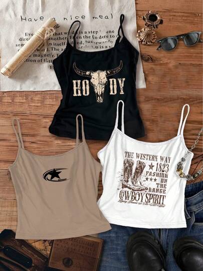 Attitoon 3pcs/Set Vintage Street Style Western Cowboy Skull Graphic, Retro Letter & Boot Patterns, Women Sexy Crop Tank Top, Summer Back To School