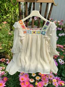 DAZY Blusa casual y elegante de mujer con bordado, manga larga, cuello cuadrado y crochet, para primavera/verano y otoño, top estilo babydoll - Albaricoque - Ver 3