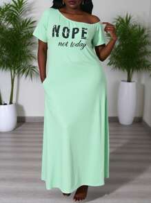 SHEIN LUNE Plus Size Solid Color Pattern Off The Shoulder Maxi Casual Dress For Women, Spring And Summer - Green - View 5