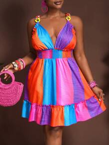 Slaydiva Sexy Vacation & Date Multicolor Ring Strap Waist A-Line Ruffle Hem Colorful Stripe Pattern Plus Size Women Dress, Spring/Summer - Multicolor - View 1