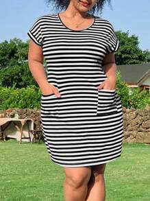 SHEIN EZwear Đầm ngắn thường ngày cổ tròn tay cánh dơi cỡ lớn cho nữ, mùa hè, túi kẻ sọc - Đen và trắng - Xem 6