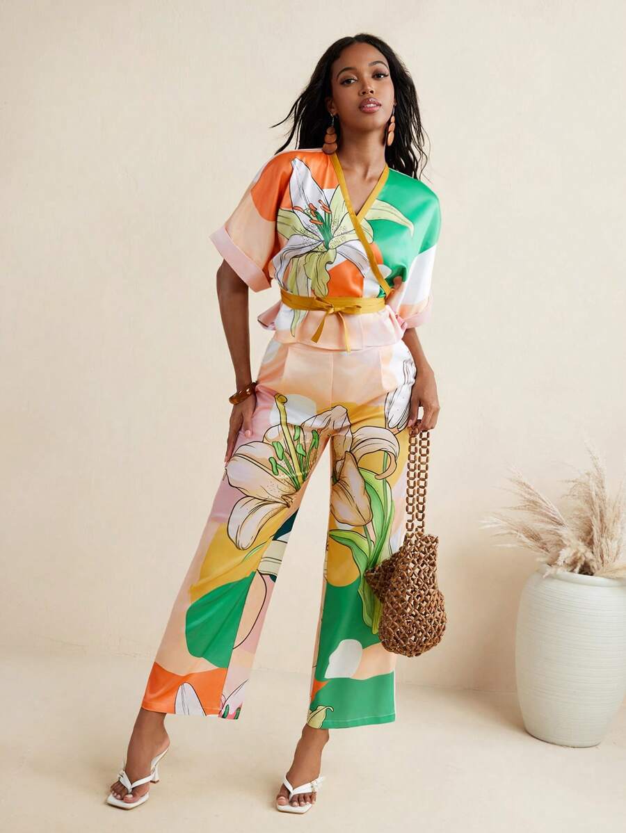 ISELACOS 热带花卉印花缎面中腰直筒裤女夏季休闲裤度假 - 彩色 - 查看 1