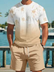 Manfinity RSRT Men's Summer Casual Gradient Floral Print Short Sleeve T-Shirt And Shorts Set Men's Vacation Outfit Men Vacation Outfit Vacation Outfits For Men's Vacation Clothes Vacation Clothes For Men - Multicolor - View 1