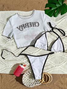 SHEIN Swim Mod Conjunto de traje de baño de 3 piezas para mujer que incluye: Bikini con estampado de cerezas y tirantes + Cubre con tela de malla transparente + Camiseta de manga corta, conjunto de ropa de playa de verano - Multicolor - Ver 2
