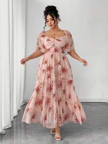 SHEIN Clasi 大码女式玫瑰印花雪纺常规春夏优雅短袖粉色连衣裙