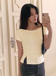 DAZY 女式纯色短袖褶皱侧开衩修身紧身 T 恤上衣