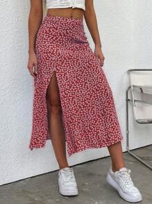 SHEIN PETITE Falda de mujer minimalista y casual con bajo dividido, para primavera/verano - Multicolor - Ver 6