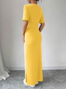 Chiquease 女式V领开衩纯色短袖黄色连衣裙长款女装 - 橘色 - 查看 2