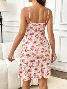 SHEIN Maternity Floral Print Contrast Lace Spaghetti Strap Midi Dress,Loungewear,Pajama,Maternity Nursing Clothes - Khaki - View 2